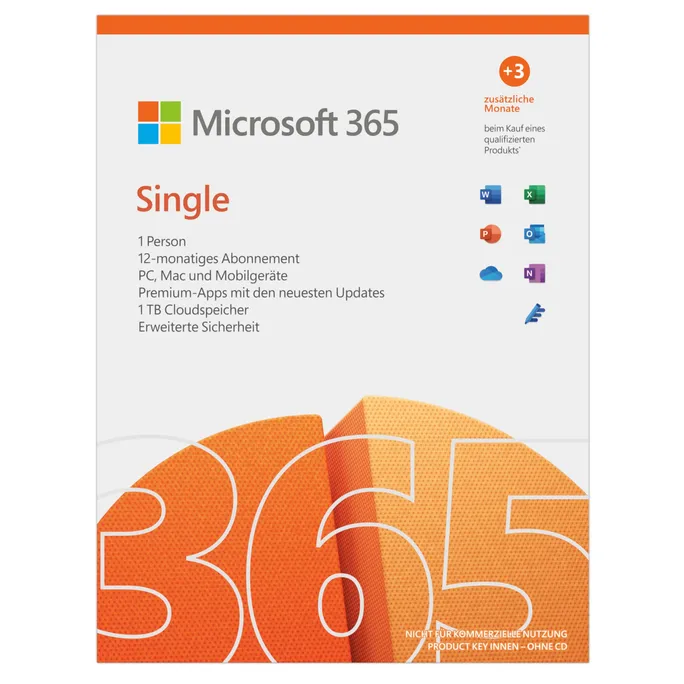 Microsoft 365 Single (Word, Excel usw.) inkl. 1 TB Speicher + 3 Monate geschenkt