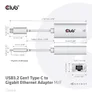 Club 3D USB 3.2 Gen2 Typ-C auf Gigabit Ethernet LAN Adapter 0,2m schwarz